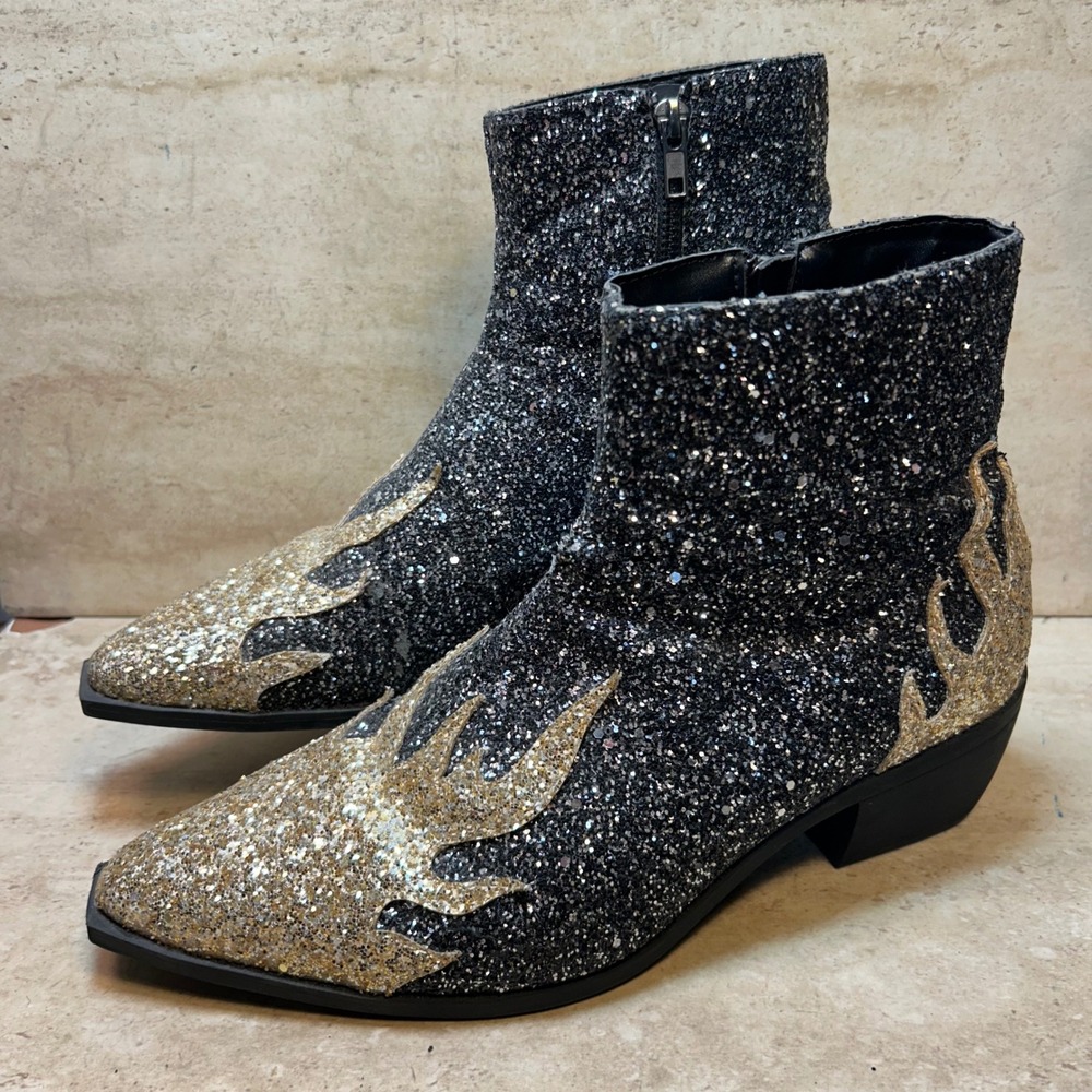 ASOS Womens Glitter Flame Ankle‎ Boots Black Gold Western Pointed Toe Size 10